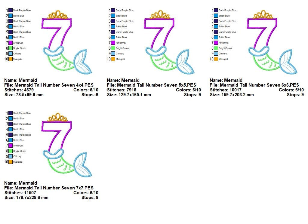 Mermaid Number 7 Birthday - Appliqué - Machine Embroidery Design