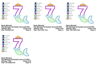 Mermaid Number 7 Birthday - Appliqué - Machine Embroidery Design