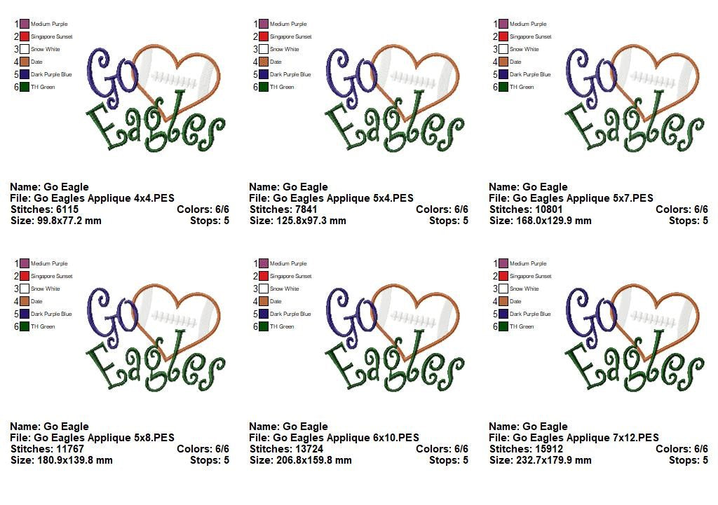 Go Eagles Football Heart – Appliqué – Machine Embroidery Design