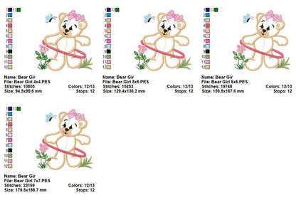Baby Bear Girl with Hula Hoop - Applique - Machine Embroidery Design