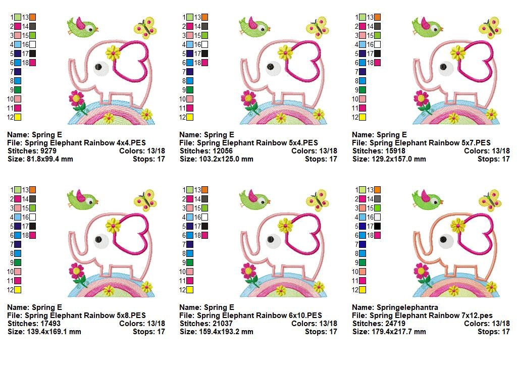 Sweet Spring Elephant Rainbow - Appliqué - Machine Embroidery Design