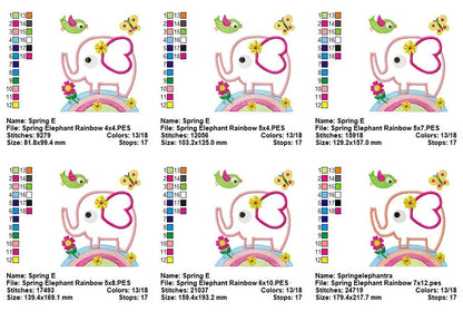 Sweet Spring Elephant Rainbow - Appliqué - Machine Embroidery Design