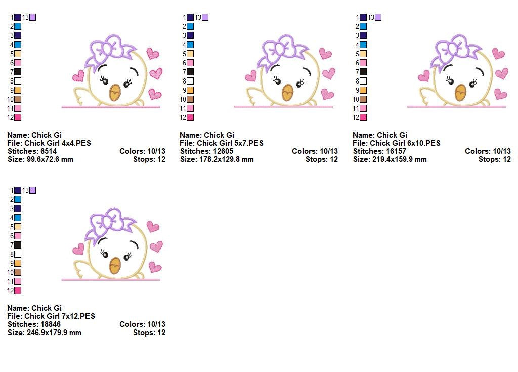 Cute Chick Girl with Bow and Hearts – Appliqué – Machine Embroidery Design