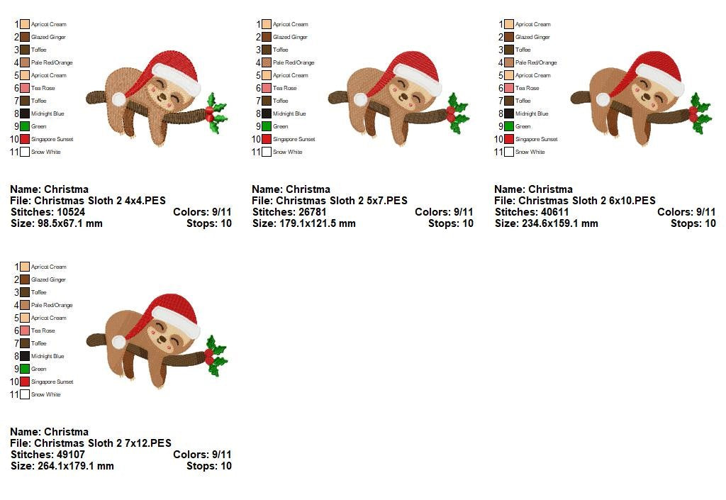 Holly Jolly Sloth - Fill Stitch - Machine Embroidery Design