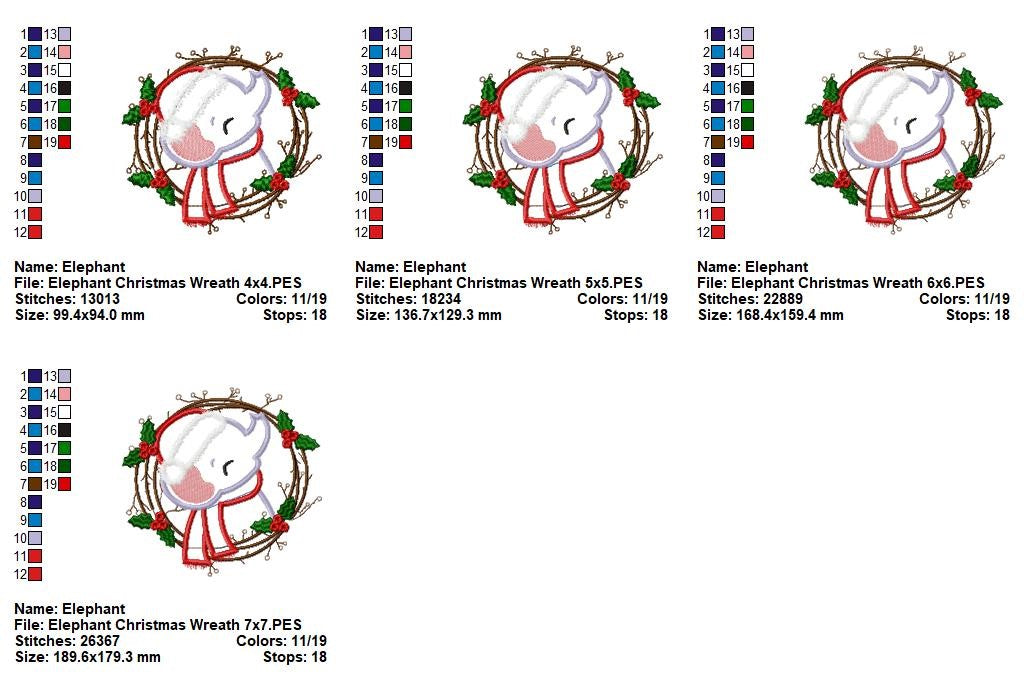 Sweet Christmas Elephant Wreath - Appliqué - Machine Embroidery Design