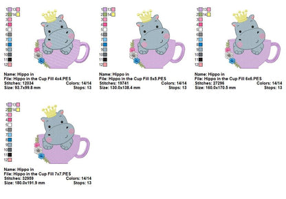Little Hippo in Teacup - Fill Stitch - Machine Embroidery Design