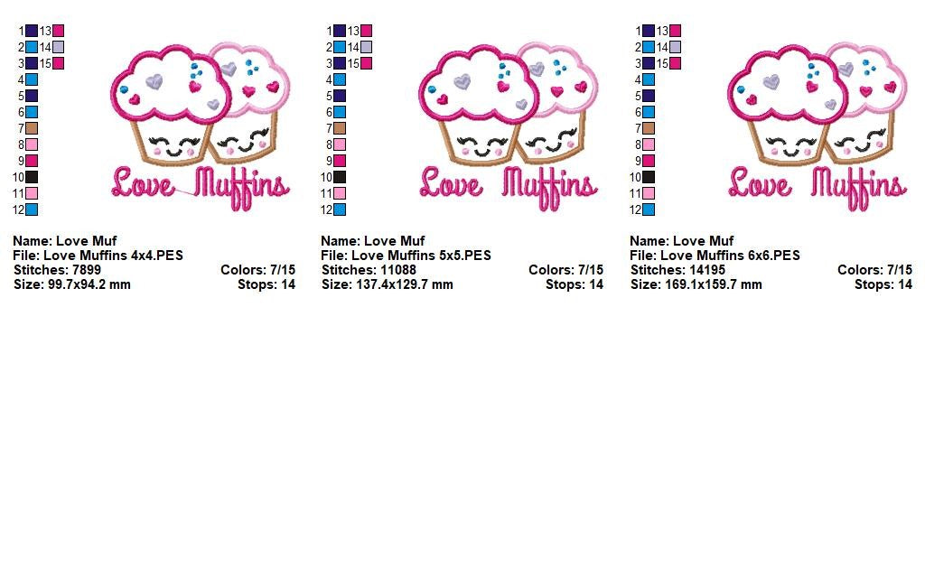 Love Muffins Kawaii Cupcakes - Appliqué - Machine Embroidery Design