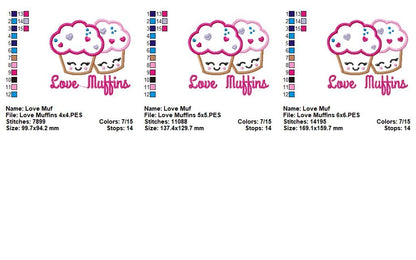 Love Muffins Kawaii Cupcakes - Appliqué - Machine Embroidery Design