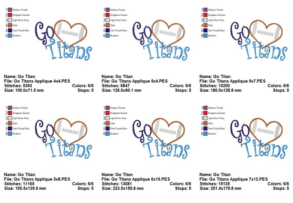 Go Titans Football Heart – Appliqué – Machine Embroidery Design