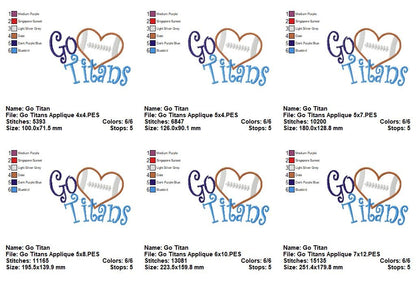 Go Titans Football Heart – Appliqué – Machine Embroidery Design