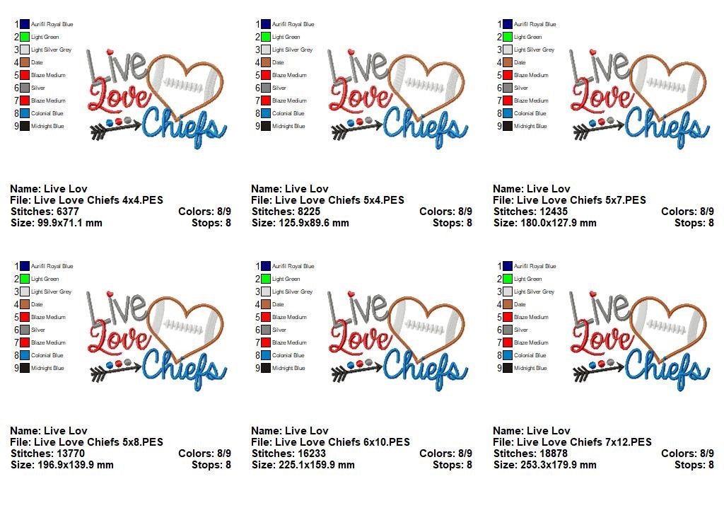 Live Love Chiefs Football Heart – Appliqué – Machine Embroidery Design