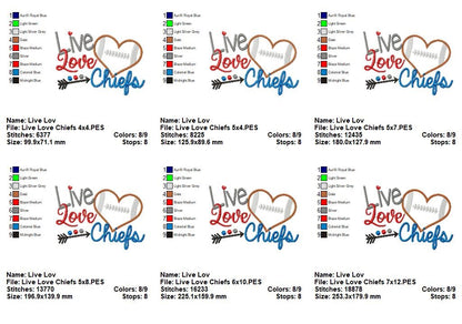 Live Love Chiefs Football Heart – Appliqué – Machine Embroidery Design