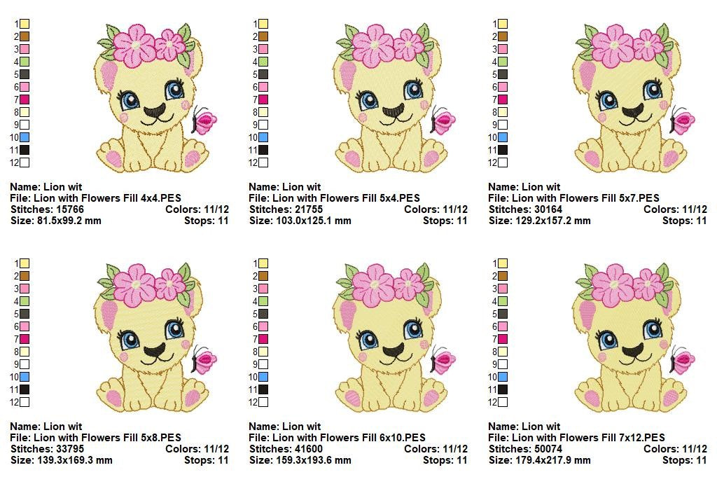 Sweet Floral Lion Cub - Fill Stitch – Machine Embroidery Design