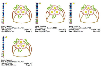Floral Teapot with Roses - Appliqué - Machine Embroidery Design