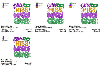 Little Miss Mardi Gras - Fill Stitch - Machine Embroidery Design