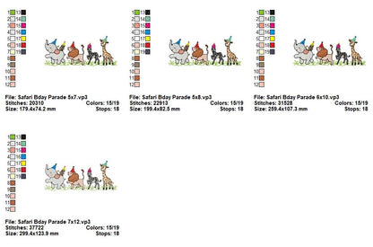 Safari Birthday Animal Parade - Fill Stitch - Machine Embroidery Design