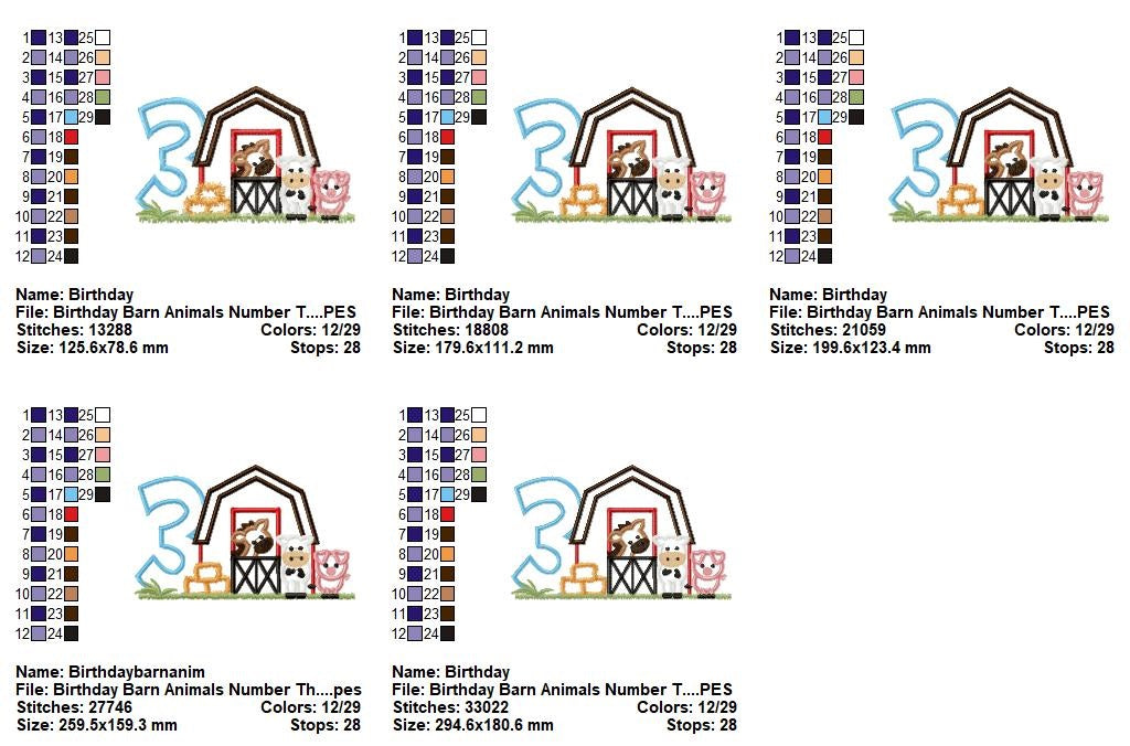 Barn 3rd Birthday Farm Animals Number 3 Three  - Applique - Machine Embroidery Design