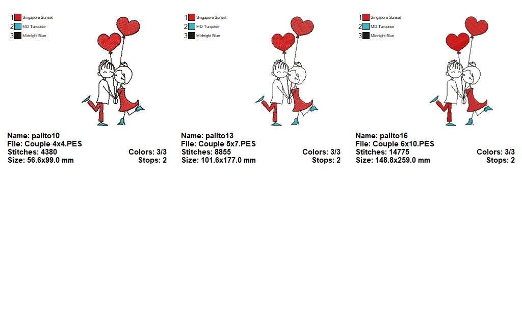 Sweet Couple with Heart Balloons - Fill Stitch - Machine Embroidery Design