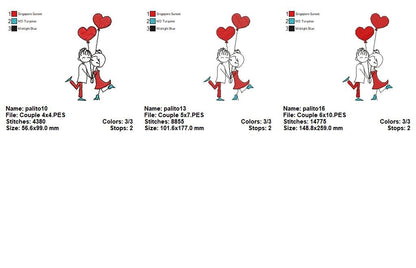 Sweet Couple with Heart Balloons - Fill Stitch - Machine Embroidery Design