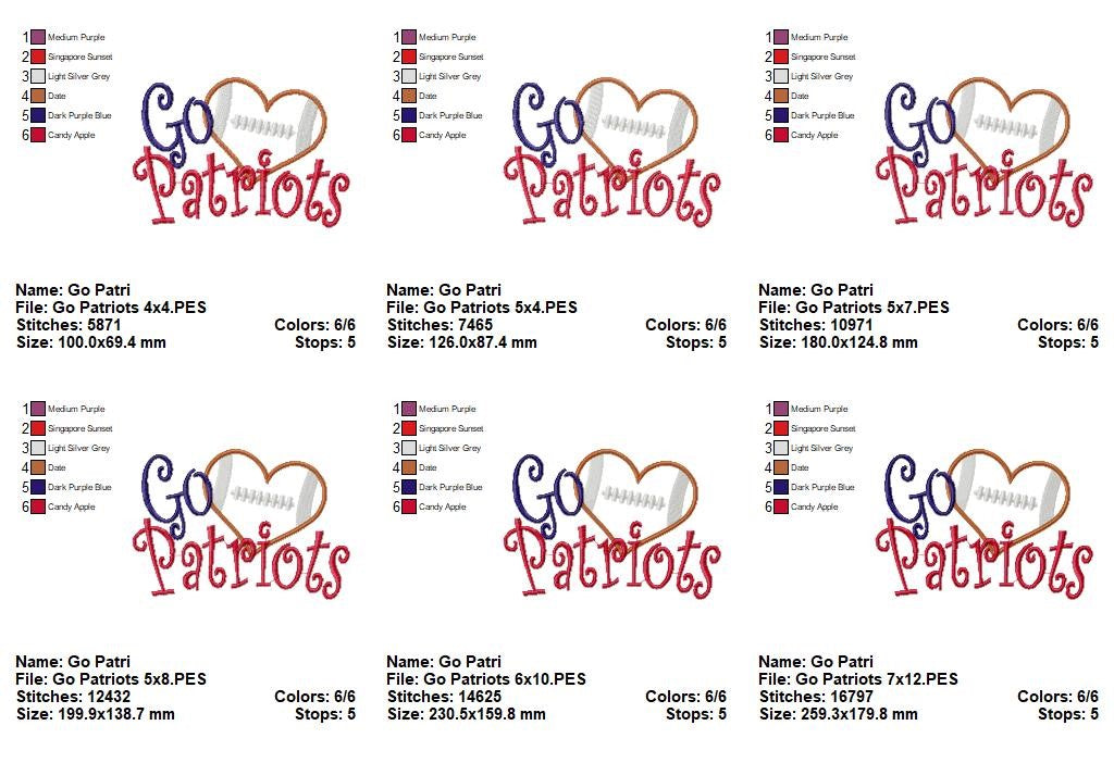 Go Patriots Football Heart – Appliqué – Machine Embroidery Design