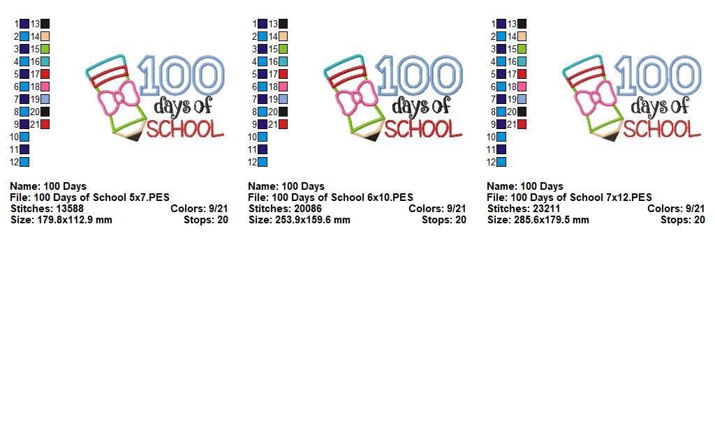 100 Days of School Pencil – Appliqué – Machine Embroidery Design