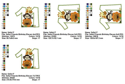 Safari Birthday Numbers 1-11 - Applique - Machine Embroidery Design