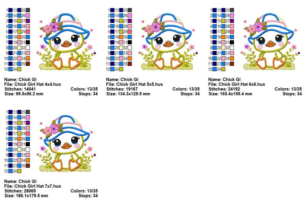Chick Girl with Hat and Flowers – Appliqué – Machine Embroidery Design