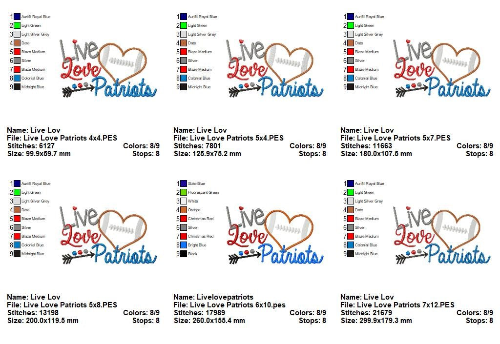 Live Love Patriots Football Heart – Appliqué – Machine Embroidery Design