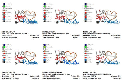 Live Love Patriots Football Heart – Appliqué – Machine Embroidery Design