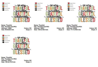 So Very Thankful Incredibly Grateful Unbelievably Blessed - Fill Stitch - Machine Embroidery Design