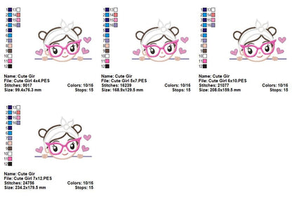 Sweet Glasses Girl - Appliqué - Machine Embroidery Design