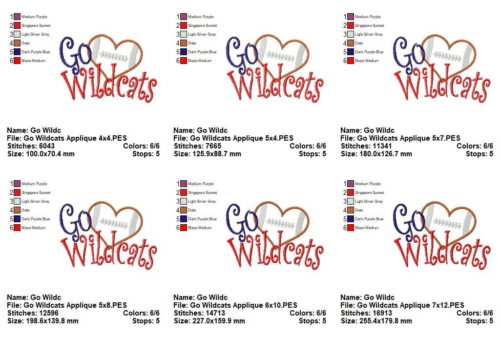 Go Wildcats Football Heart – Appliqué – Machine Embroidery Design