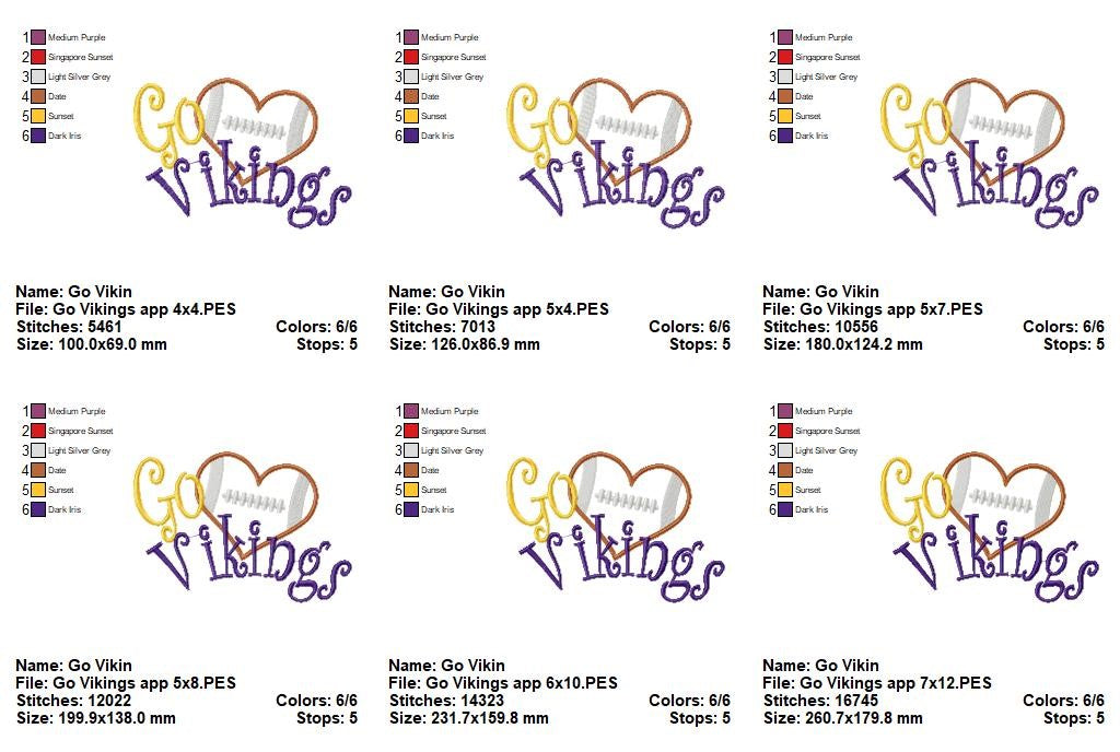 Go Vikings Football Heart – Appliqué – Machine Embroidery Design