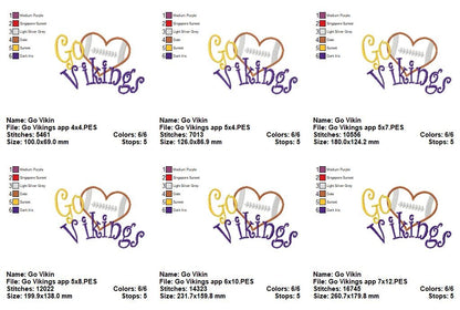 Go Vikings Football Heart – Appliqué – Machine Embroidery Design