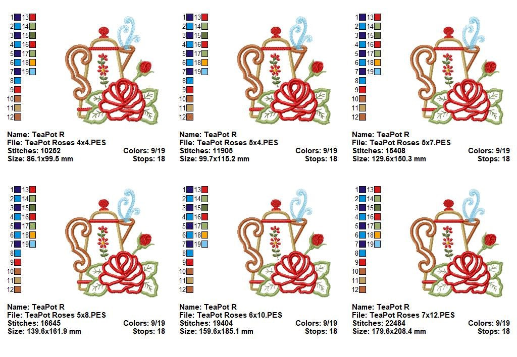 Vintage Rose Teapot - Appliqué - Machine Embroidery Design