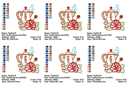 Vintage Rose Teapot - Appliqué - Machine Embroidery Design