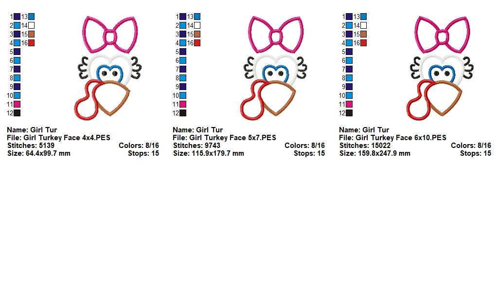 Sweet Girl Turkey Face Applique – Appliqué - Machine Embroidery Design