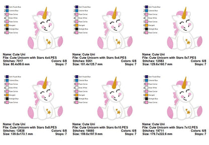 Cute Unicorn with Stars - Appliqué - Machine Embroidery Design
