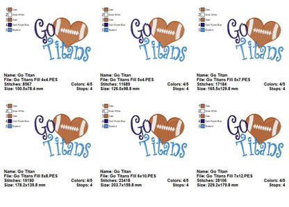 Go Titans Football Heart – Fill Stitch – Machine Embroidery Design