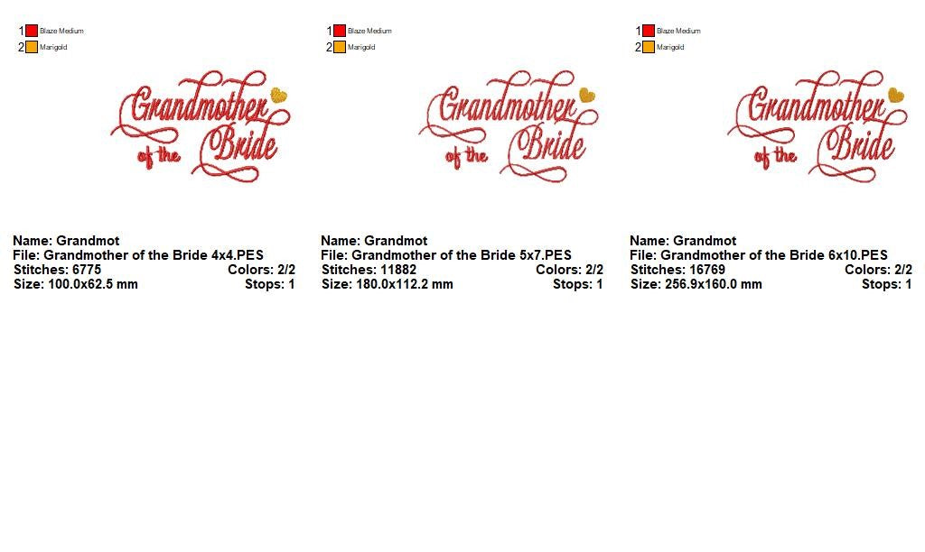 Grandmother of the Bride - Satin Stitch - Machine Embroidery Design