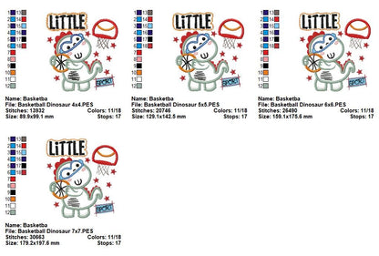 Little Basketball Dinosaur - Appliqué - Machine Embroidery Design