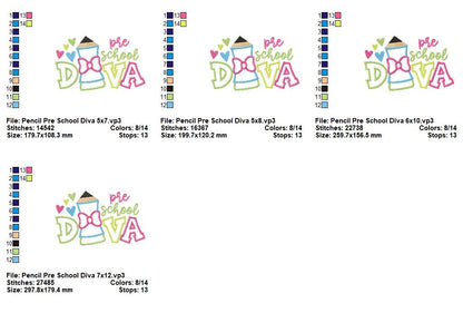 Pre School Diva Pencil - Appliqué - Machine Embroidery Design