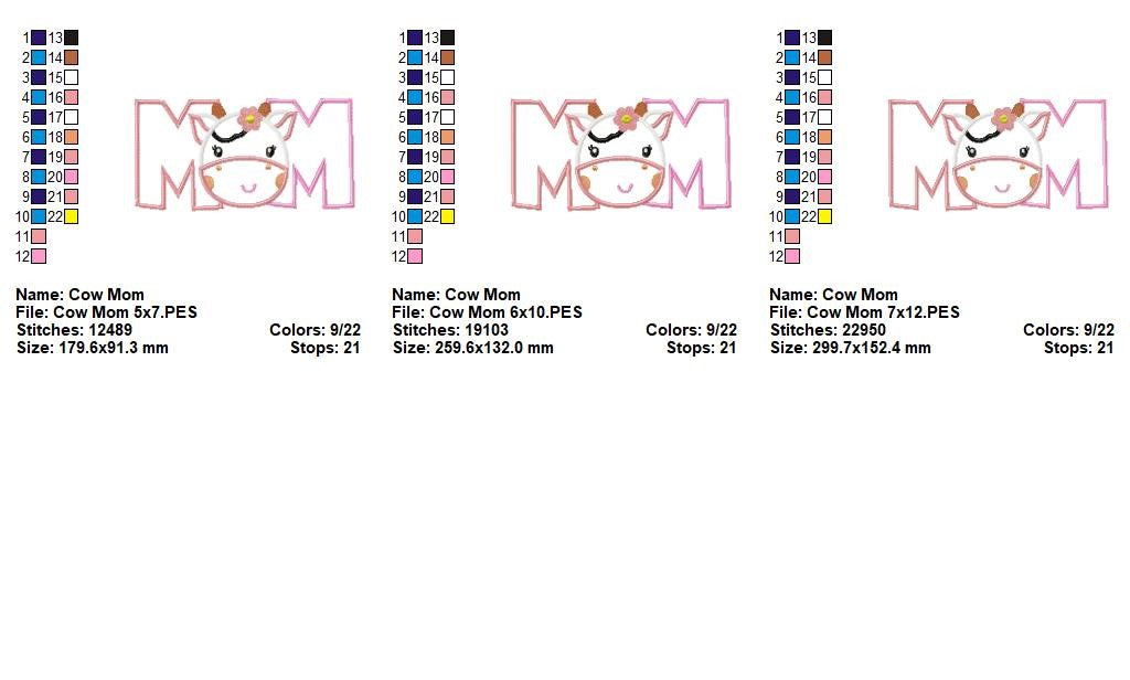 Sweet Cow Mom - Appliqué – Machine Embroidery Design