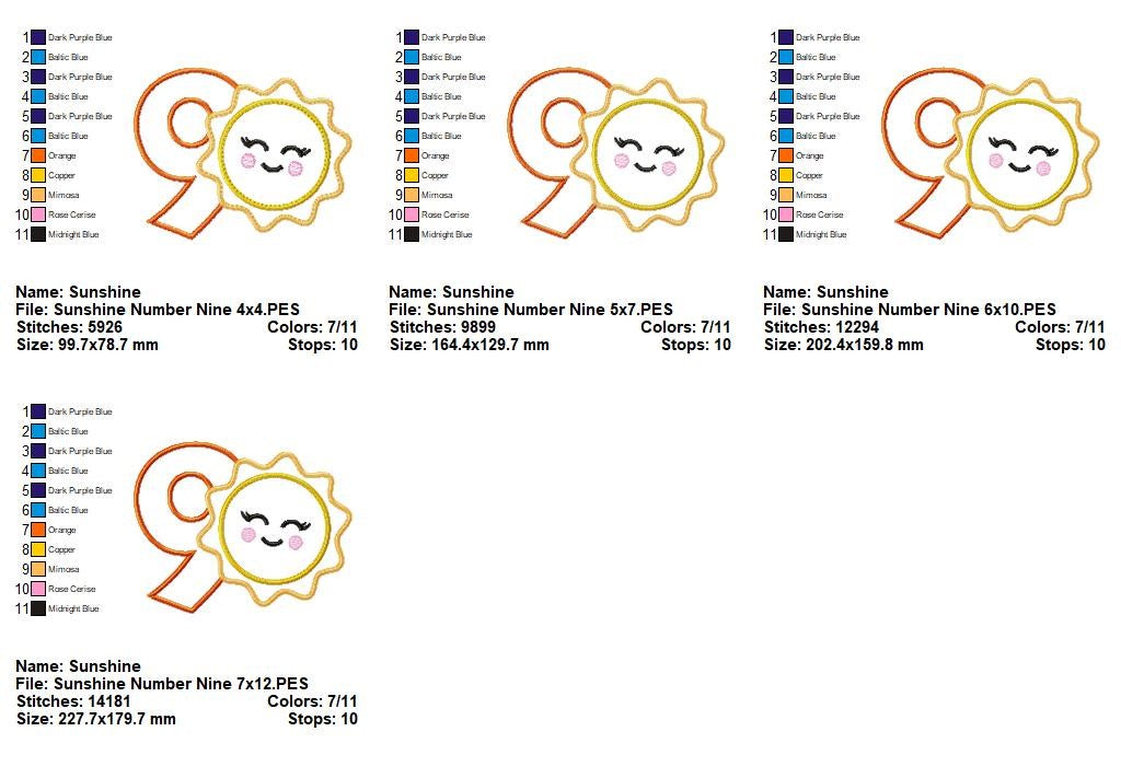 Sunny Ninth Birthday - Appliqué - Machine Embroidery Design