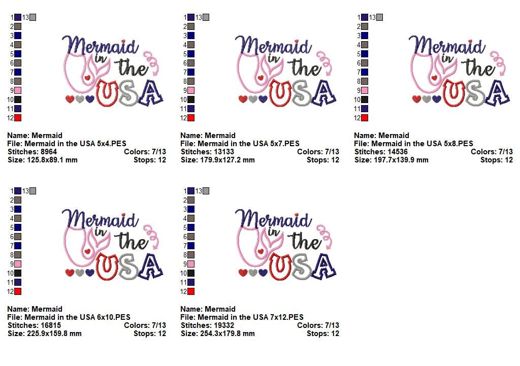 Mermaid in the USA - Appliqué - Machine Embroidery Design