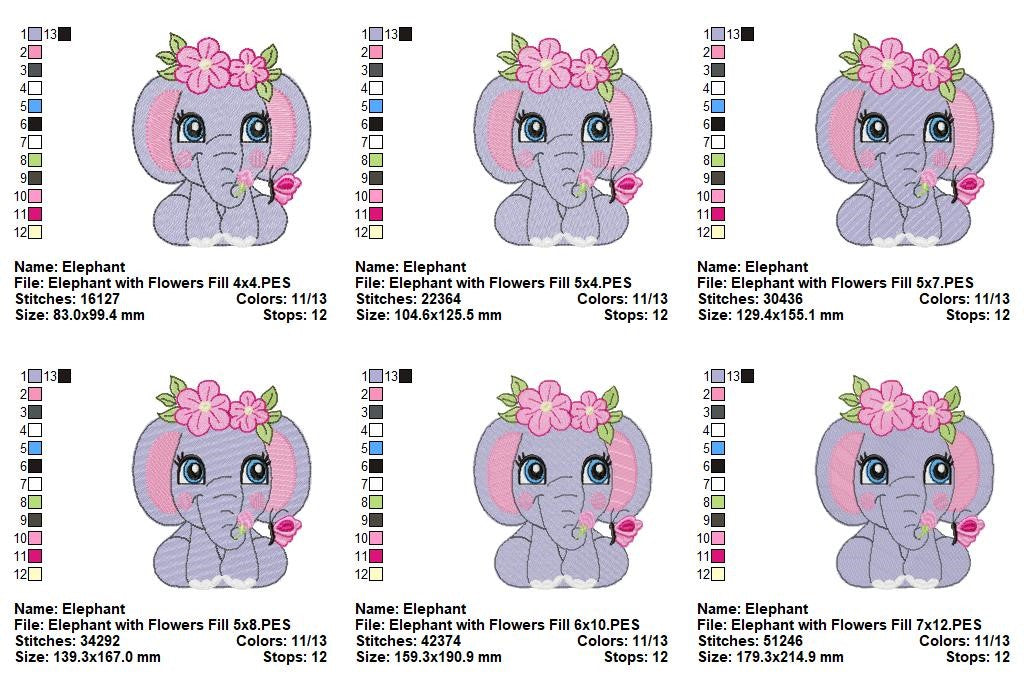 Sweet Floral Baby Elephant - Fill Stitch – Machine Embroidery Design