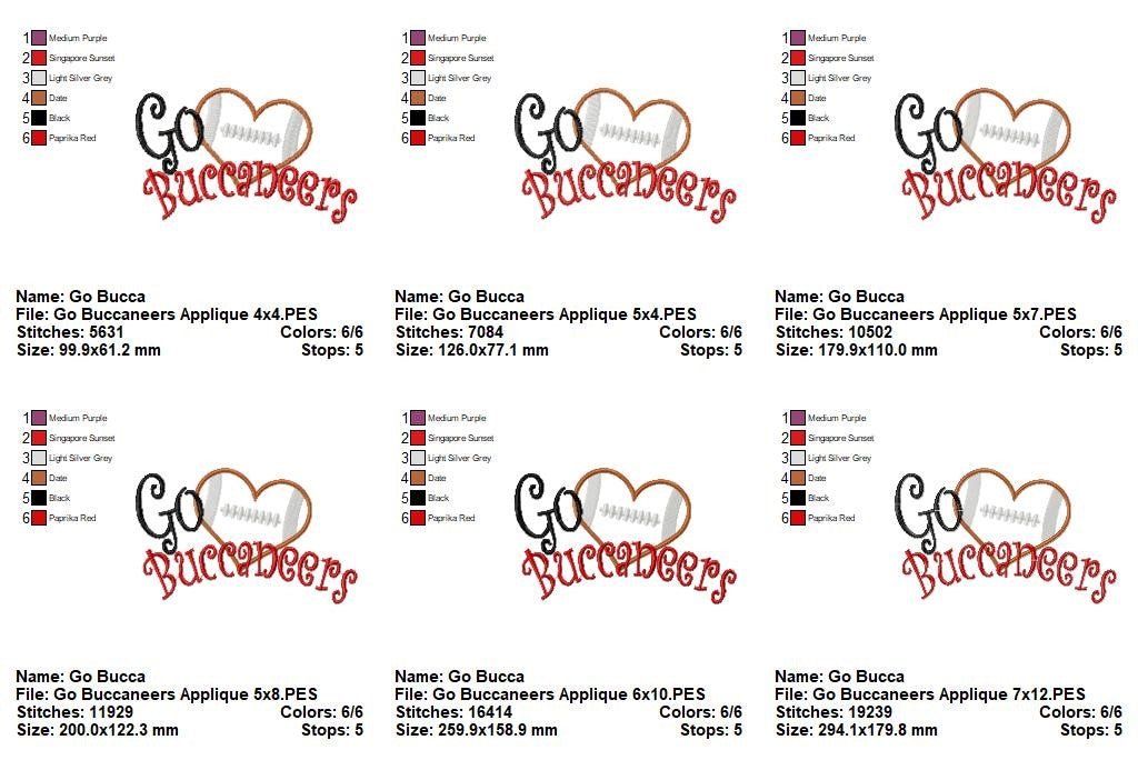 Go Buccaneers Football Heart – Appliqué – Machine Embroidery Design