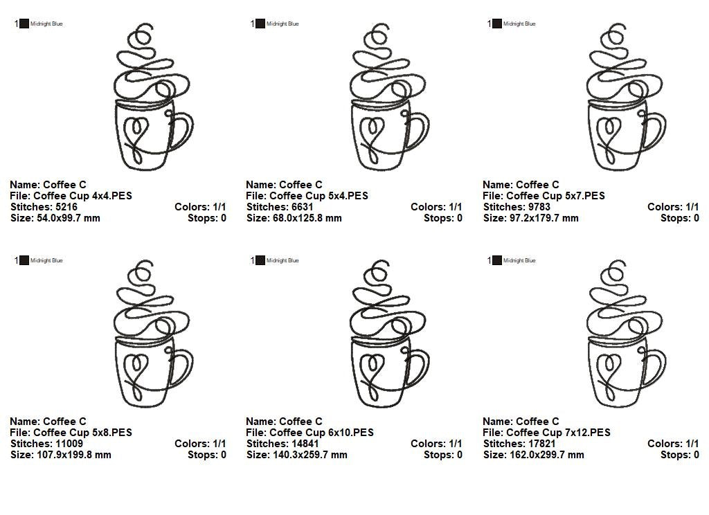 Coffee Cup Line Art - Fill Stitch - Machine Embroidery Design