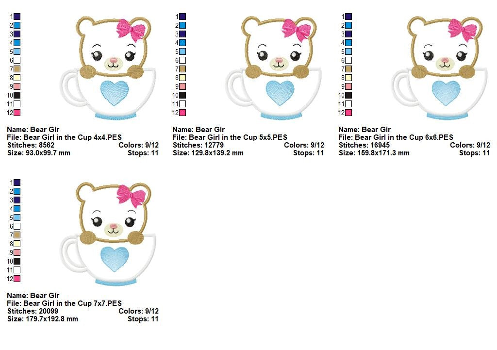 Sweet Animals in a Cup Collection – Appliqué – Machine Embroidery Design