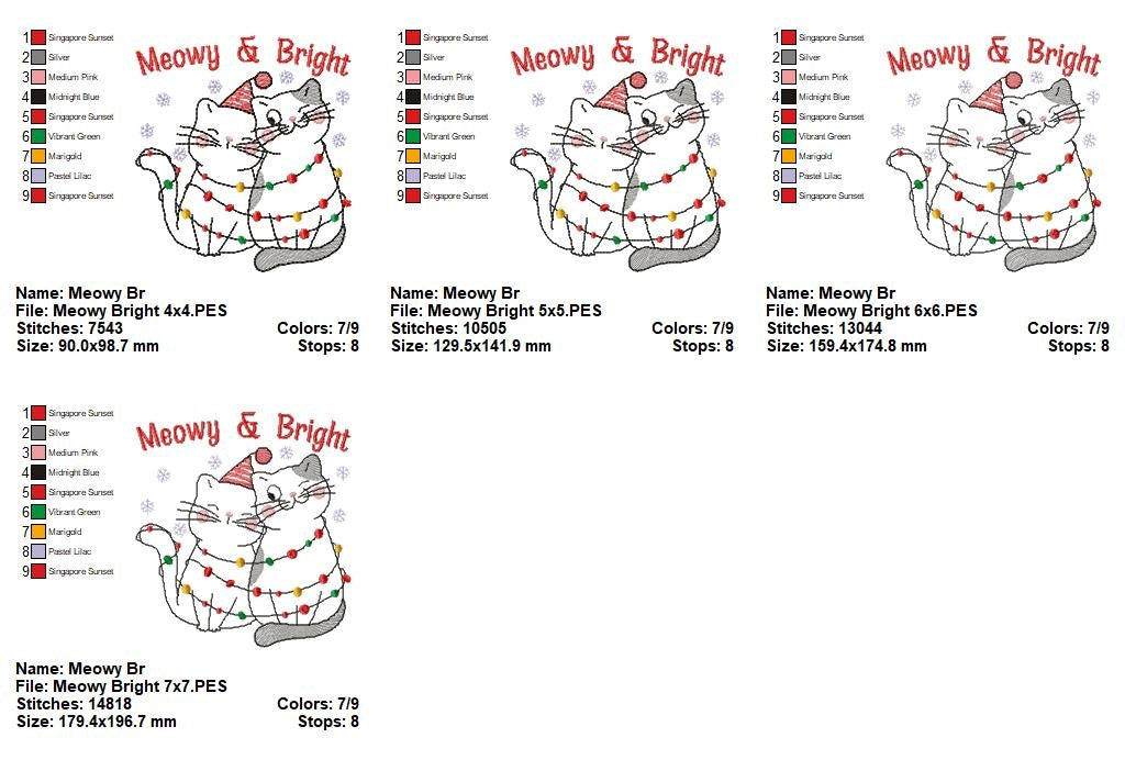 Christmas Lights Cats Meowy & Bright - Redwork - Machine Embroidery Design